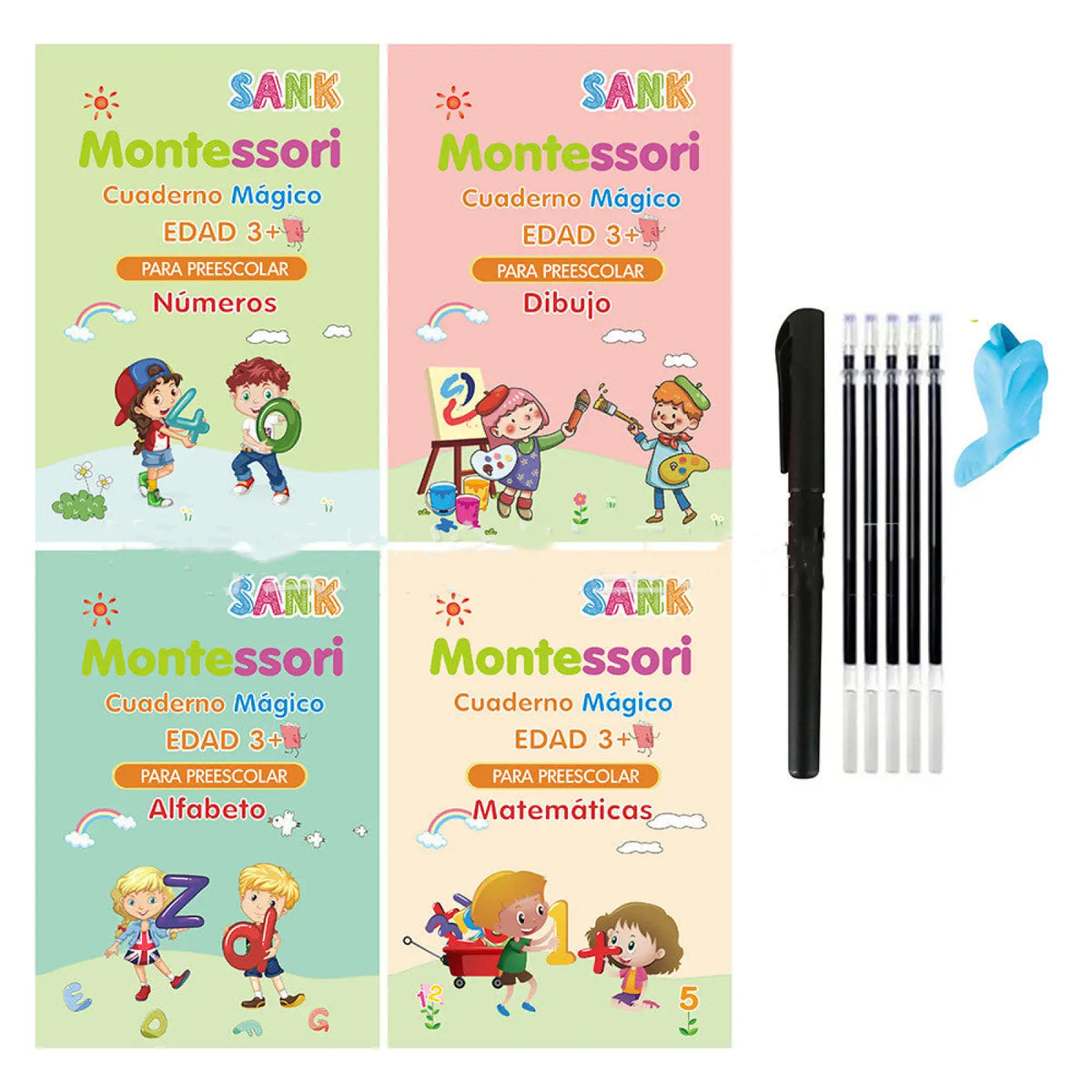 Set of four colorful sank magic practice copybooks for kids featuring numbers drawing alphabet and mathematics subjects