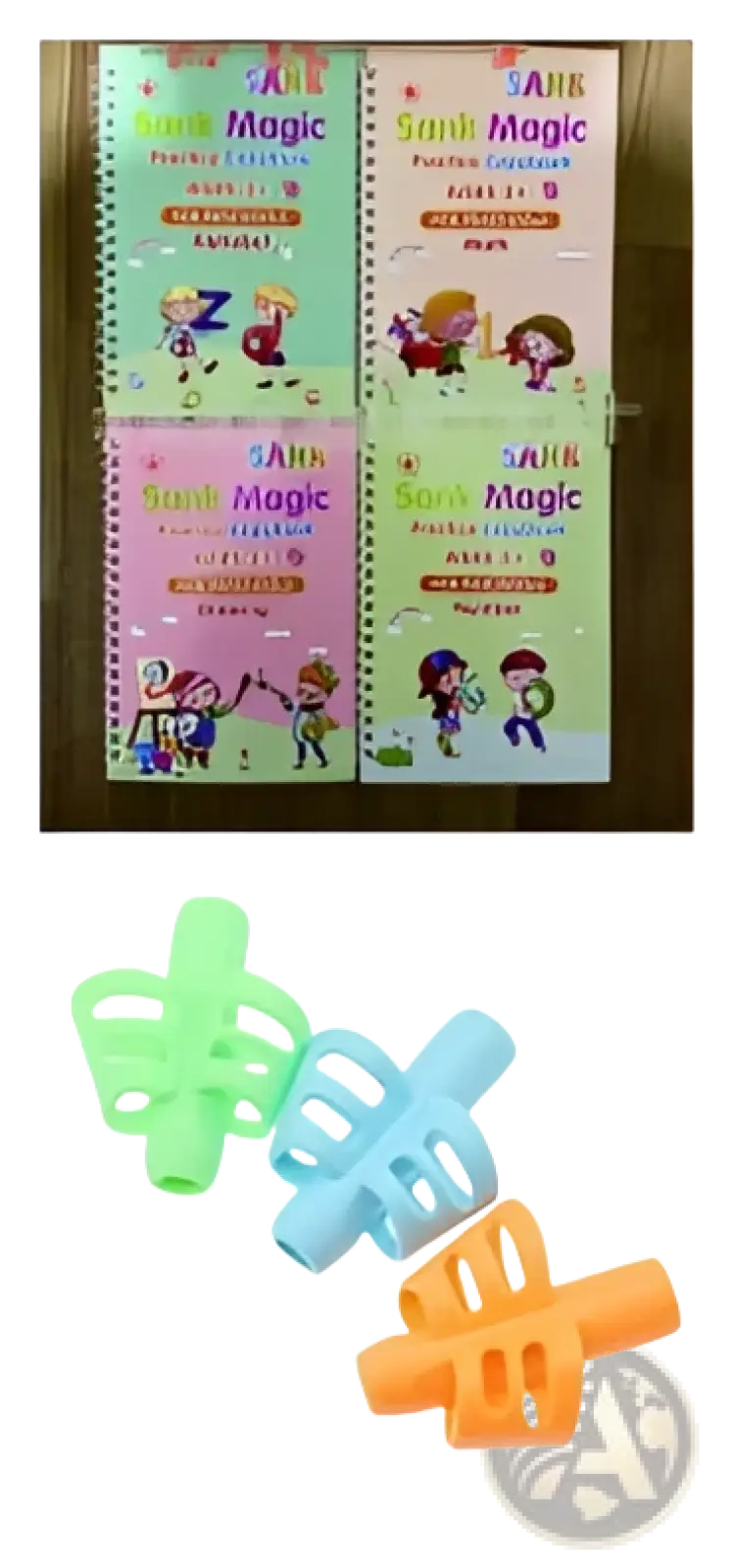 Four colorful sank magic practice copybooks for kids with cartoon covers and three plastic clip-style toys in green blue and orange