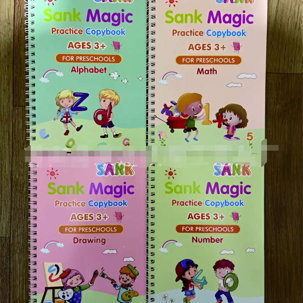 Four colorful spiral-bound sank magic practice copybooks for preschoolers with alphabet math drawing and number themes