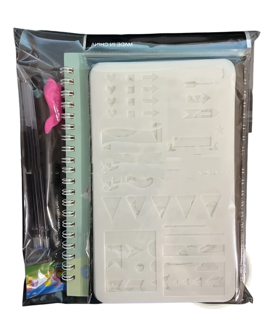 White plastic stenciling template with embossed geometric and arrow patterns for sank magic practice copybook set
