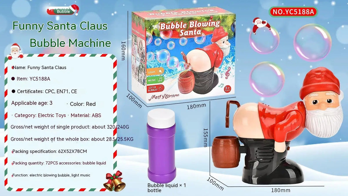 Red abs plastic santa claus bubble machine with white beard black boots playing music and blowing bubbles toy