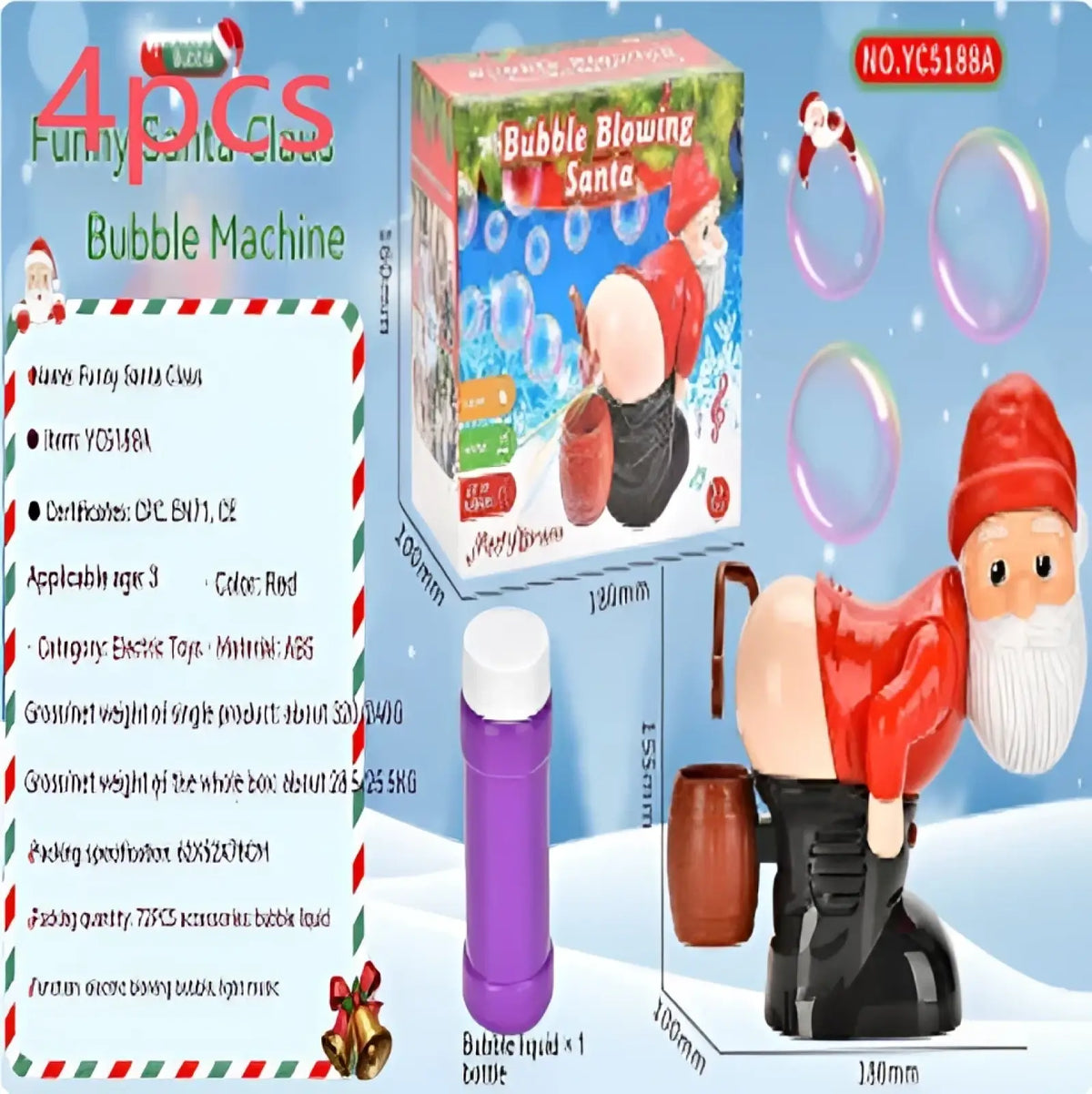 Red plastic Santa Claus bubble machine with white beard and black boots blowing bubbles from rear with music and lights
