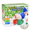 Blue and green plastic gnome toy with red barrel santa claus bubble machine with music and lights for playtime fun