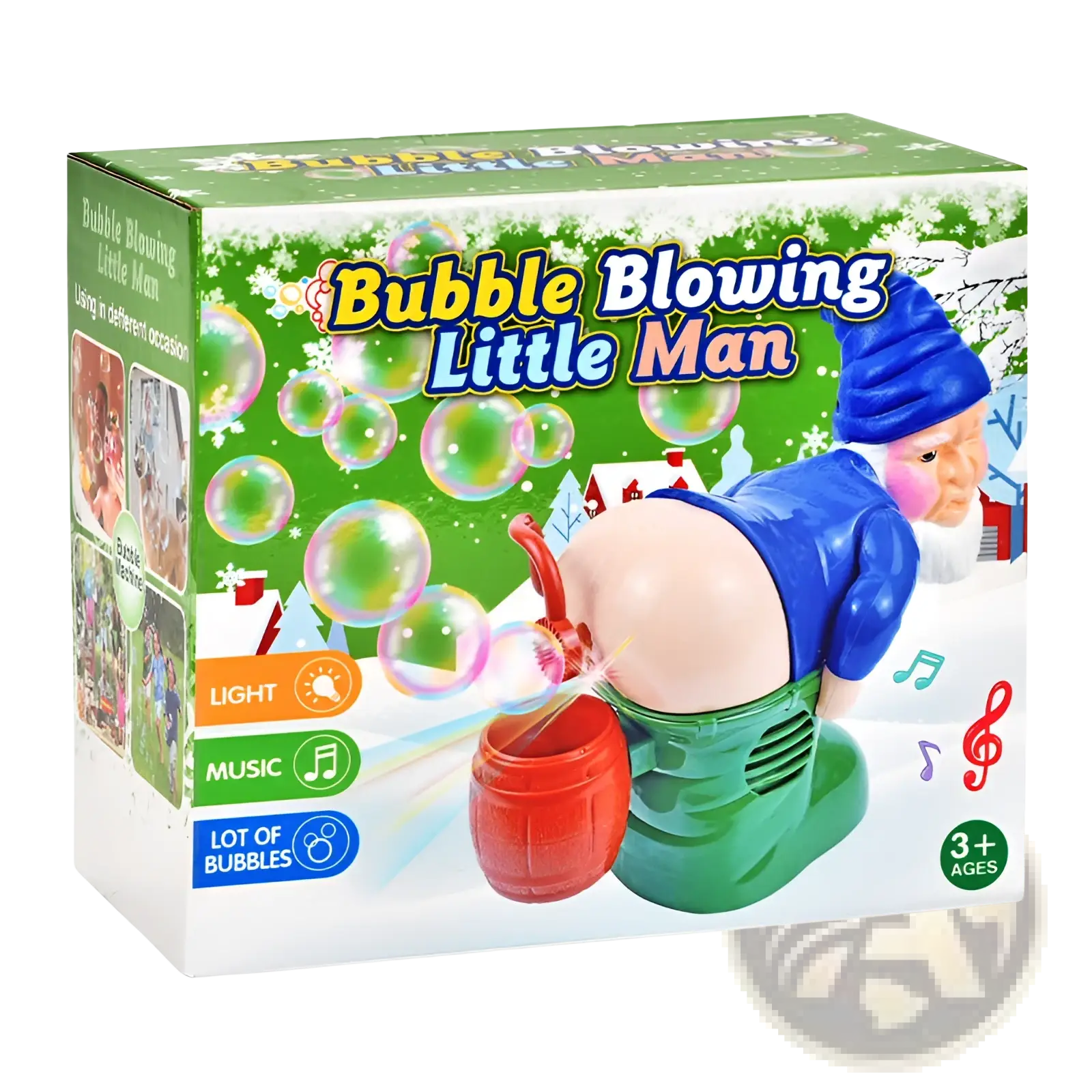 Blue and green plastic gnome toy with red barrel santa claus bubble machine with music and lights for playtime fun