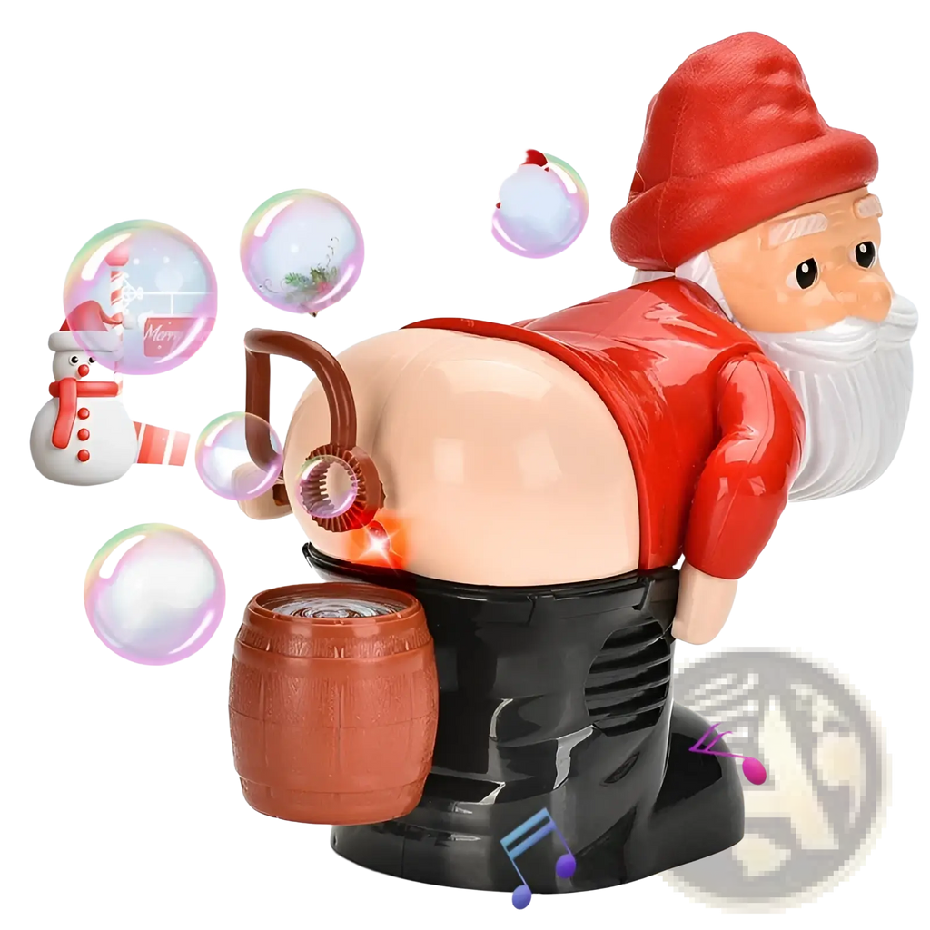 Back side of a red plastic Santa Claus bubble machine with white beard black boots playing music and lights toy
