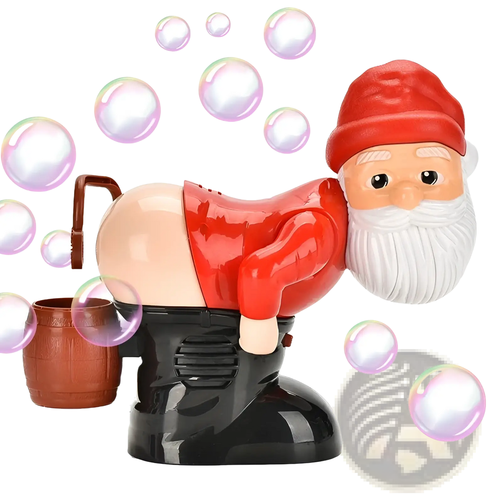Santa claus bubble machine toy in red and black plastic with music lights white beard red hat and beige pants