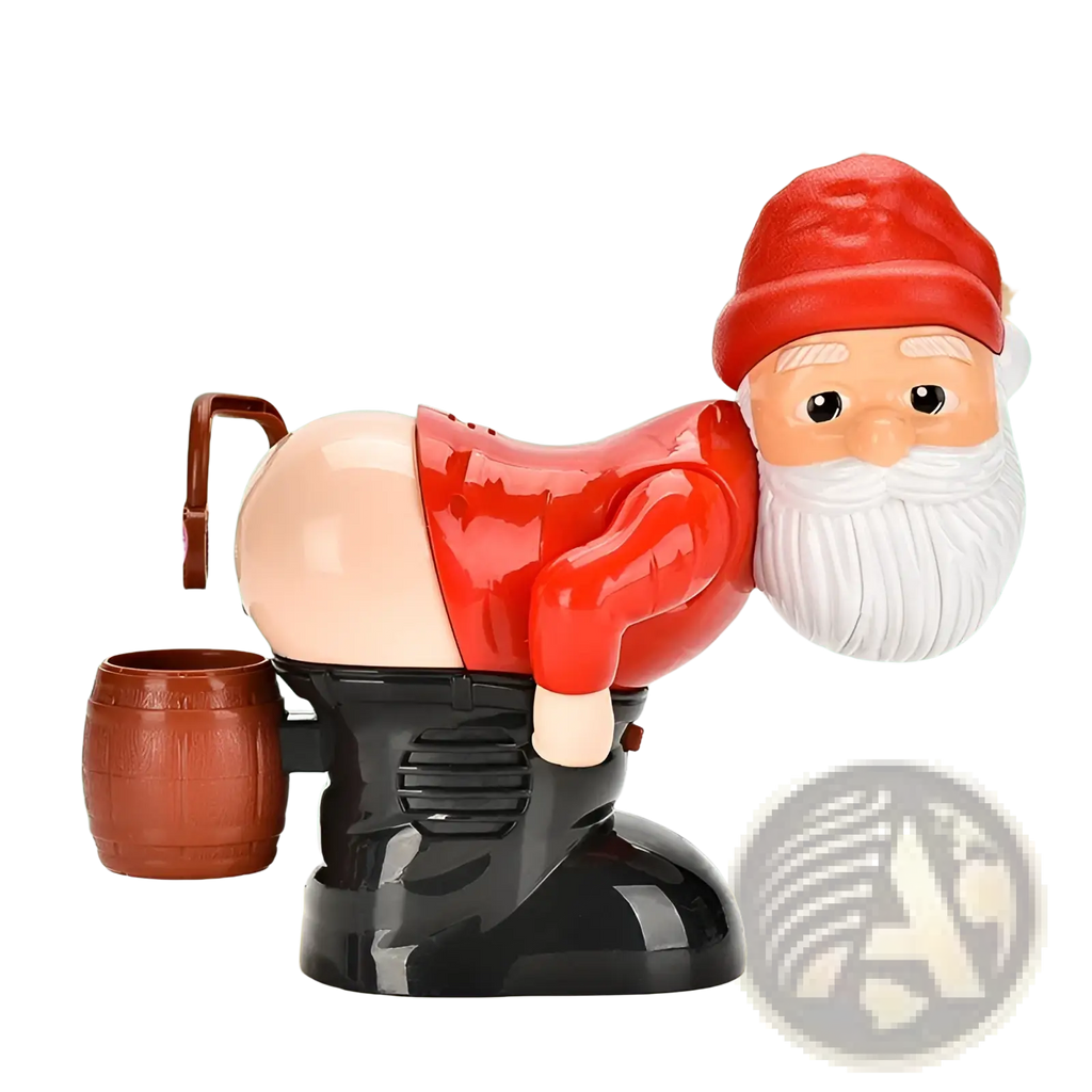 Red and white plastic Santa Claus bubble machine with music and lights toy featuring a black base for interactive play