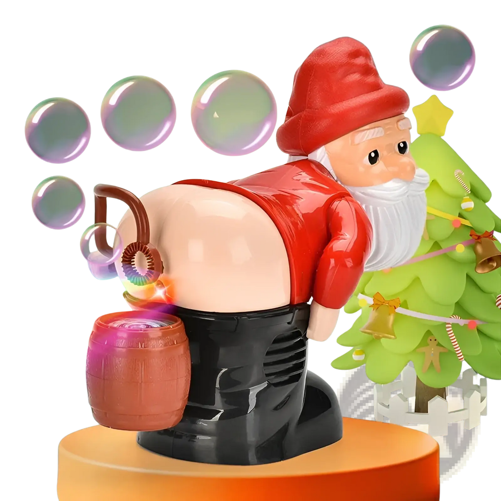 Red and black plastic Santa Claus bubble machine with music lights holding a barrel emitting colorful bubbles