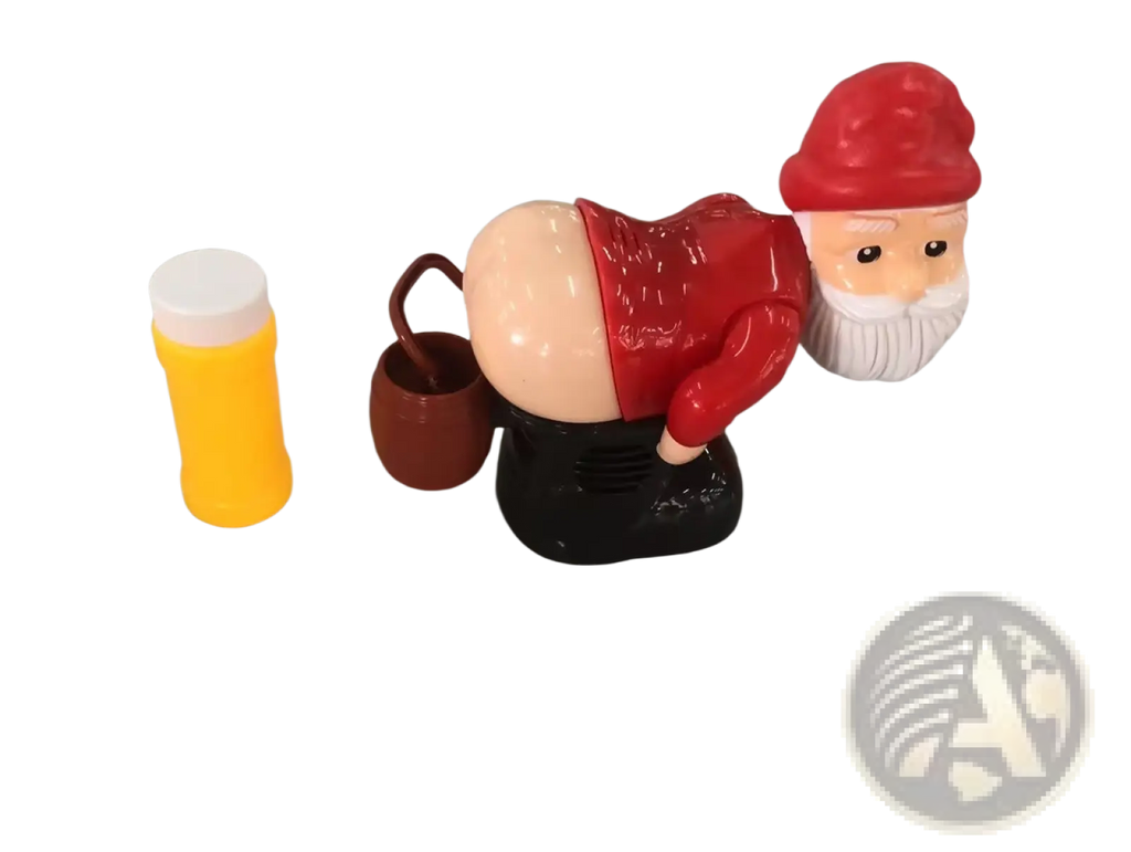 Red plastic santa claus bubble machine toy with white beard red hat and brown bucket on its back shown from the back side