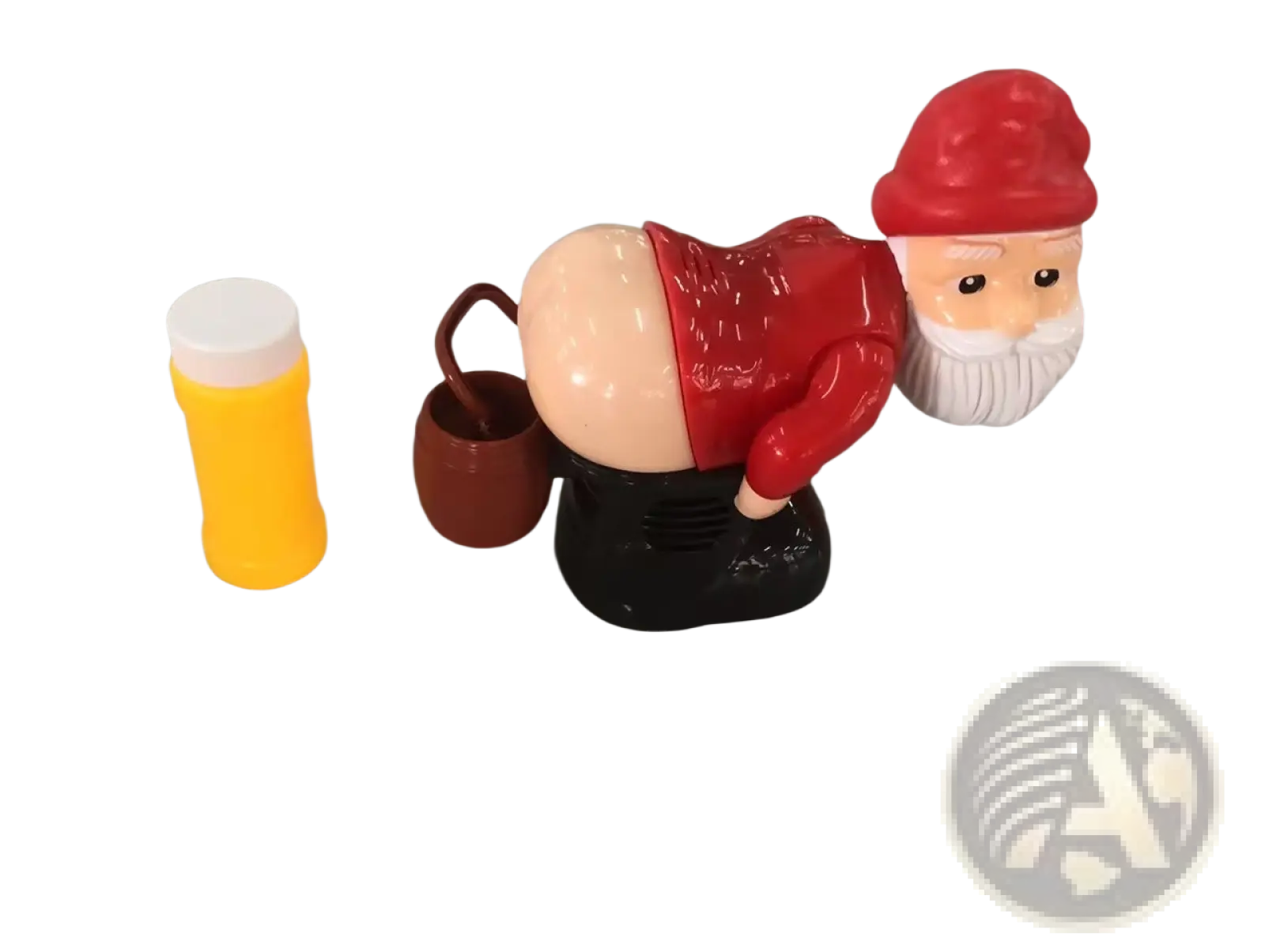 Red plastic santa claus bubble machine toy with white beard red hat and brown bucket on its back shown from the back side