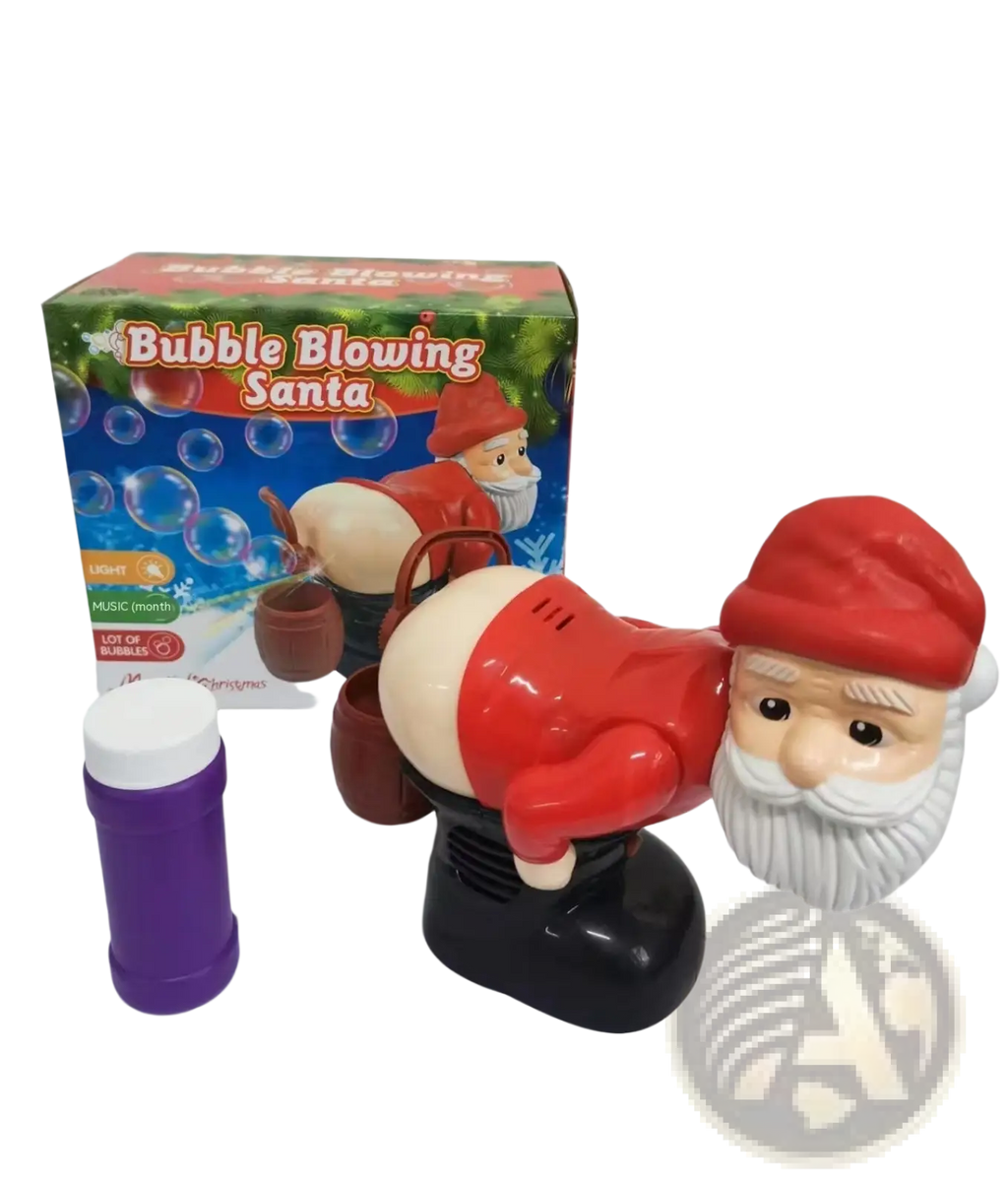 Red and black plastic santa claus bubble machine with music lights white beard red hat and brown sack toy