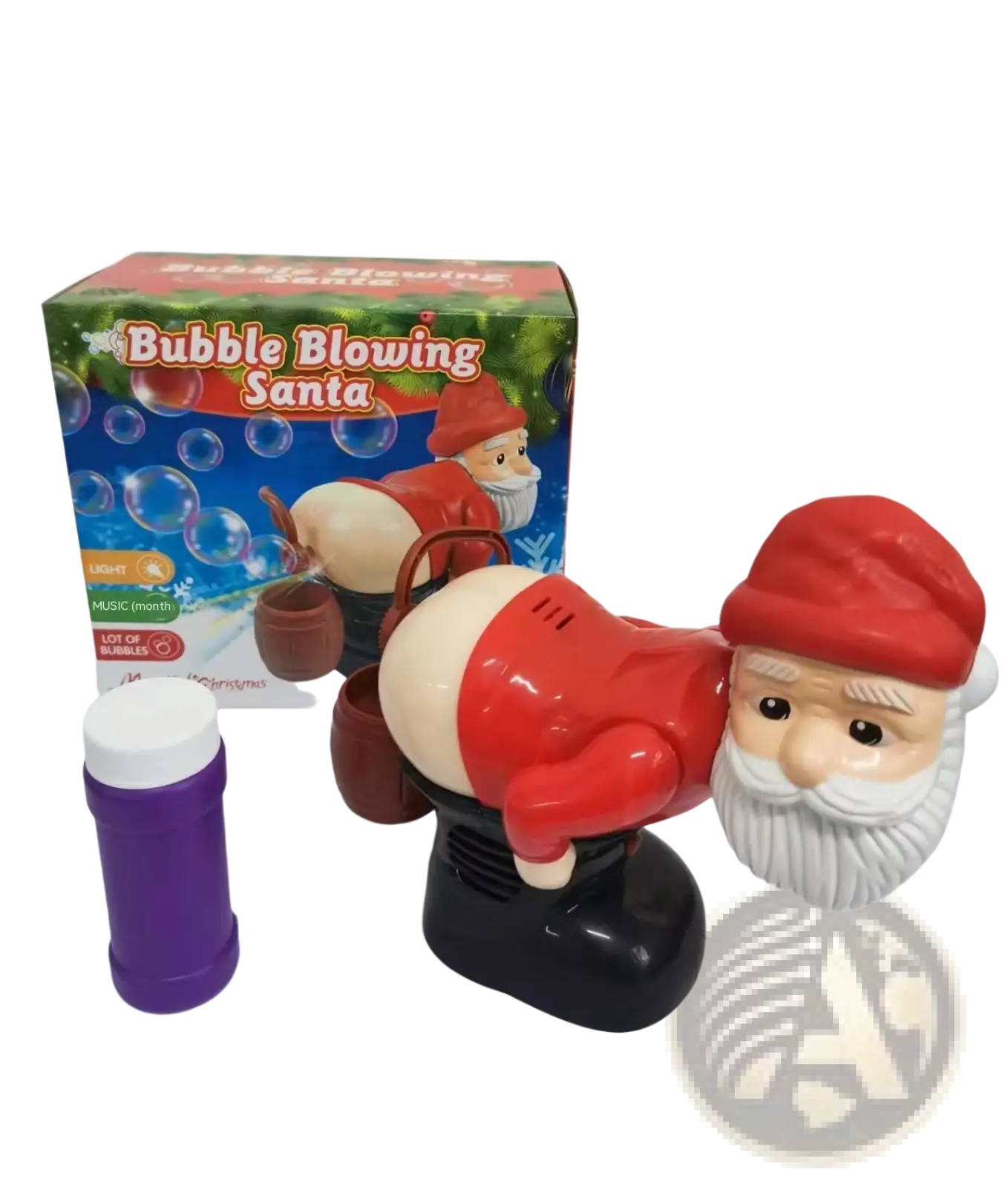 Red and black plastic santa claus bubble machine with music lights white beard red hat and brown sack toy