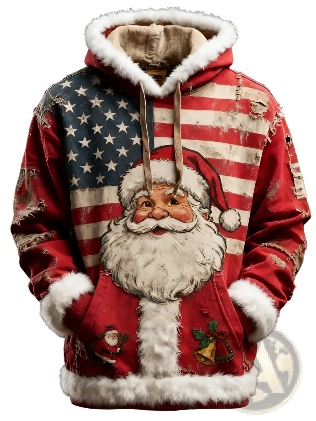 Red distressed santa holiday hoodie with vintage american flag embroidery and white faux fur trim on hood and cuffs