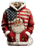 Red distressed santa holiday hoodie with vintage american flag embroidery and white faux fur trim on hood and cuffs