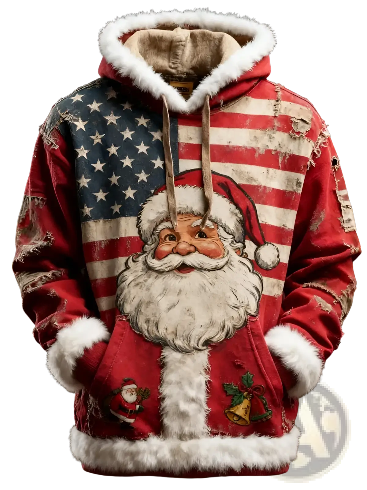 Red distressed santa holiday hoodie with vintage american flag embroidery and white faux fur trim on hood and cuffs