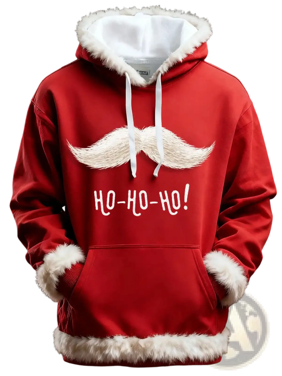 Red santa holiday faux fur trim Christmas hoodie with embroidered mustache and ho-ho-ho text, white faux-fur trim