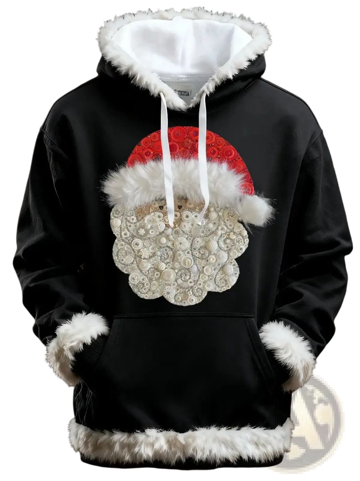 Black santa holiday faux fur trim christmas hoodie with pockets features a red white button hat and fluffy trim on hood cuffs hem