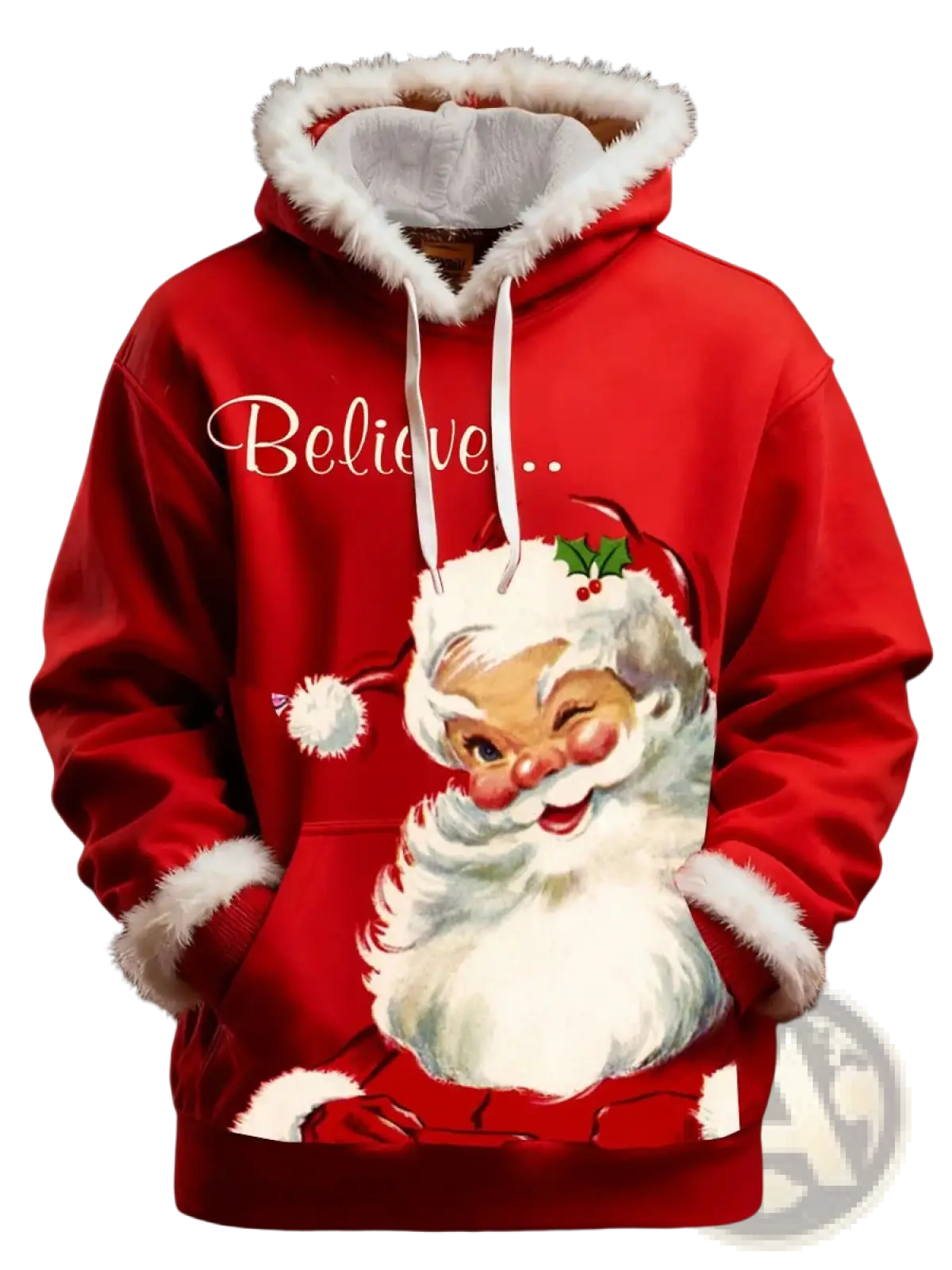 Red santa claus-themed holiday hoodie with white faux fur trim hood and cuffs featuring vintage santa print with holly
