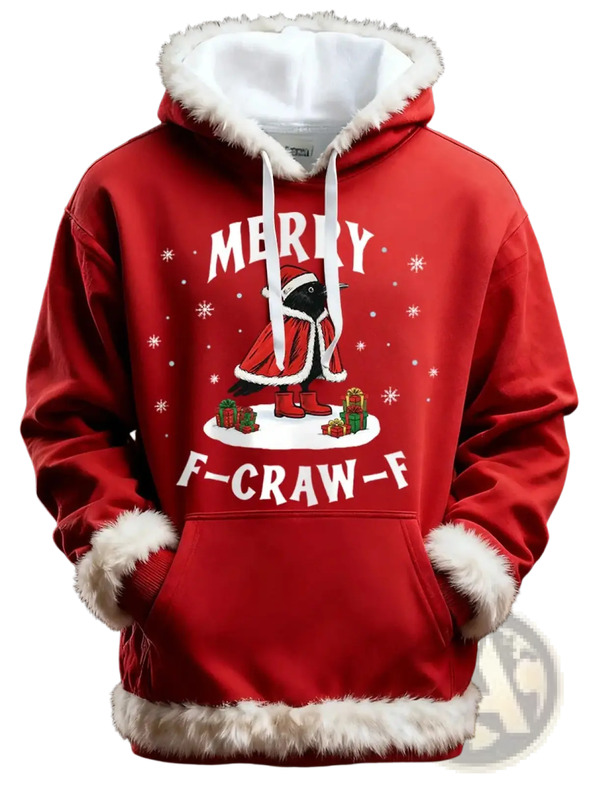 Red holiday hoodie with white faux fur trim featuring a black bird in a santa outfit surrounded by snowflakes and presents