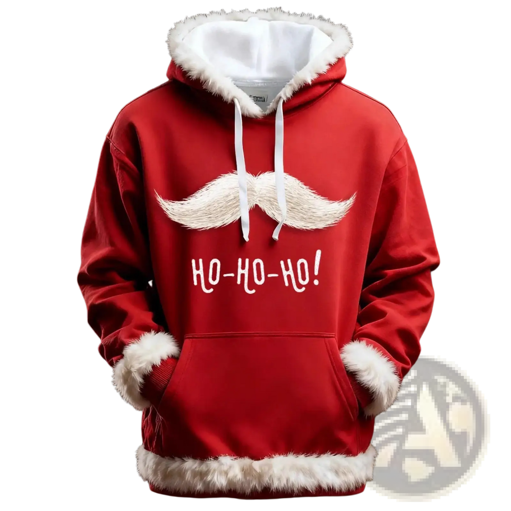 Red santa holiday Christmas hoodie with white faux fur trim mustache embroidery and ho-ho-ho text with pockets