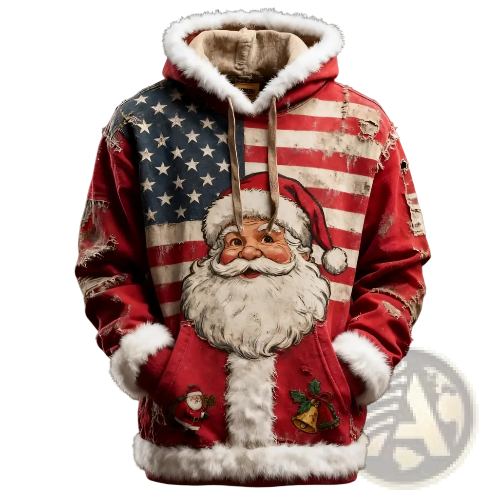 Red distressed santa holiday hoodie with american flag graphic and white faux fur trim on hood cuffs and hem with pockets