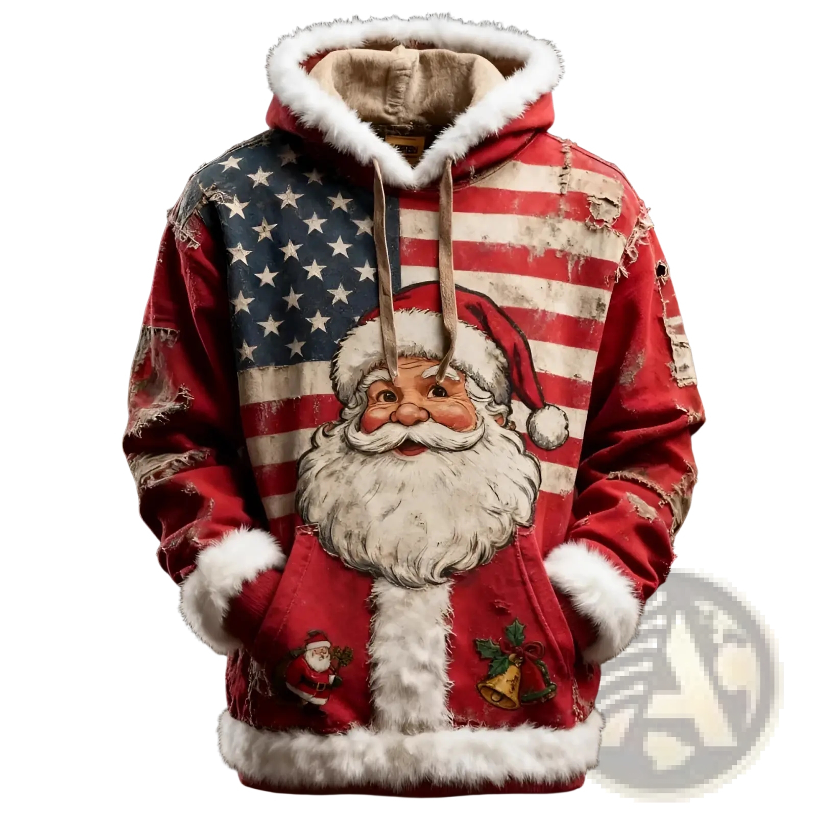 Red distressed santa holiday hoodie with american flag graphic and white faux fur trim on hood cuffs and hem with pockets
