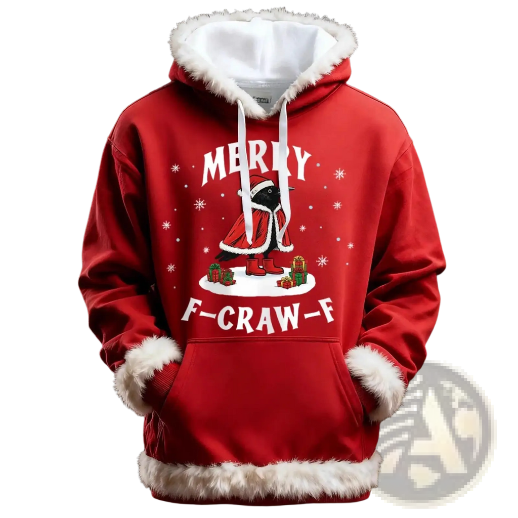Red santa holiday faux fur trim christmas hoodie with pockets featuring black penguin in santa outfit and snowflakes