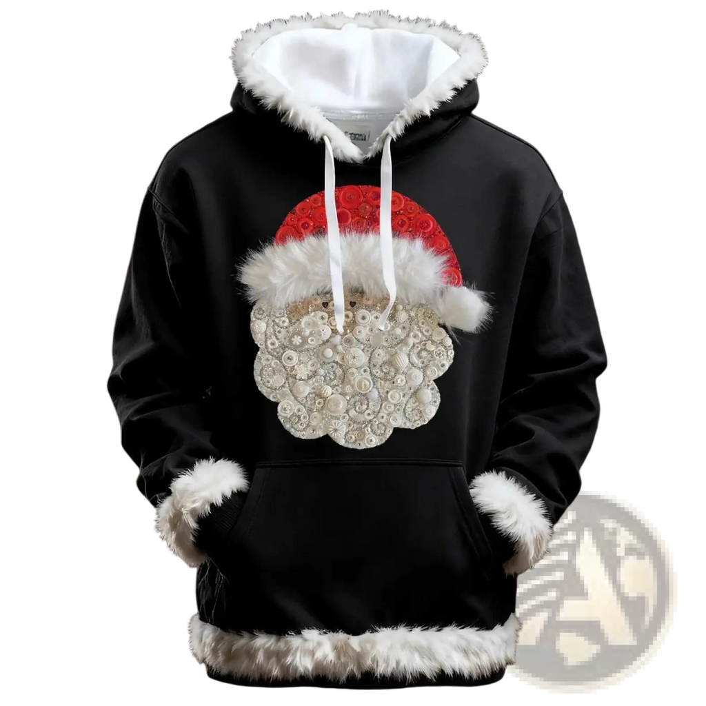 Black Santa Claus-themed holiday hoodie with fluffy white faux fur trim and red white button face design with pockets