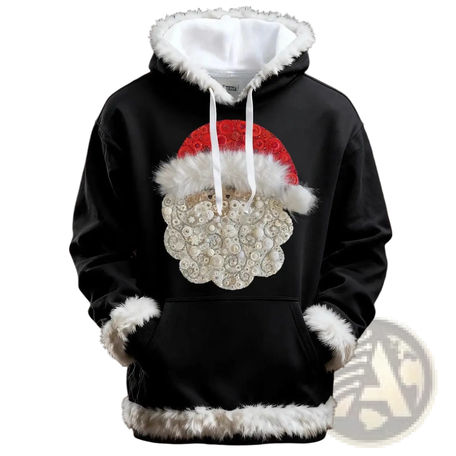 Black Santa Claus-themed holiday hoodie with fluffy white faux fur trim and red white button face design with pockets