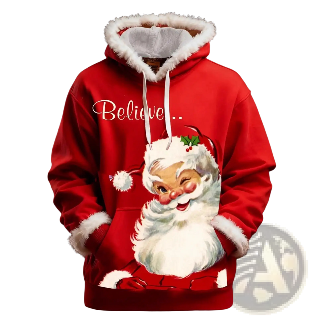 Red santa holiday faux fur trim Christmas hoodie with vintage santa face and believe design, featuring hood and cuffs