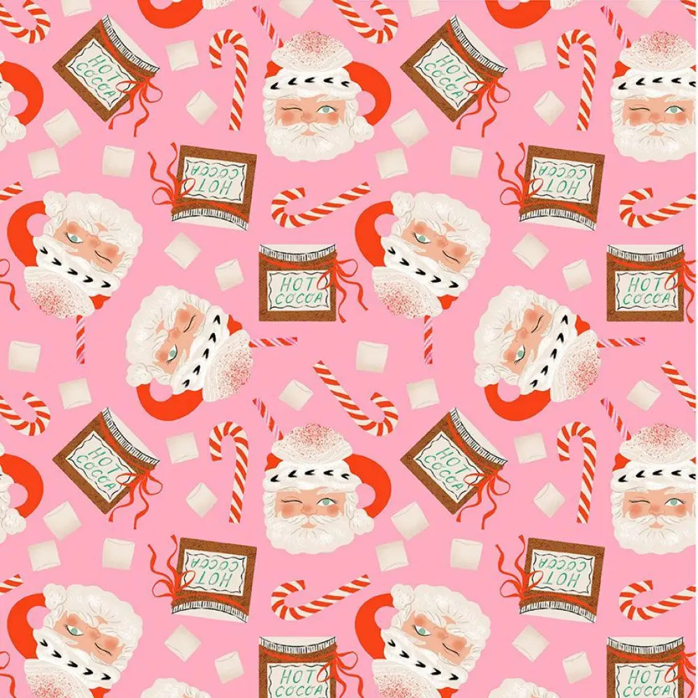 Pink pleated christmas skater skirt with santa mugs pattern featuring cartoon santas candy canes and hot cocoa jars