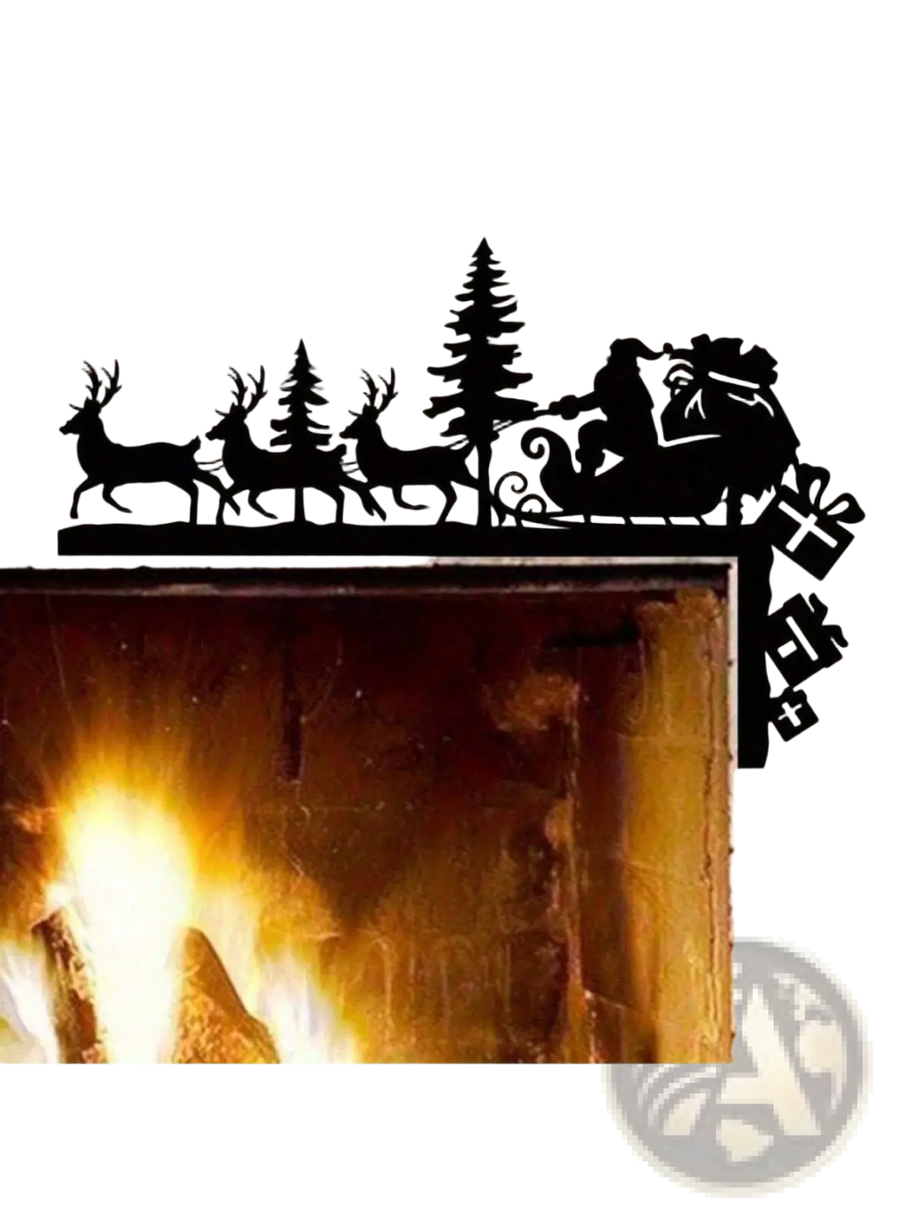 Black acrylic fireplace mantel decoration featuring santa in sleigh pulled by reindeer trees and gifts for christmas decor