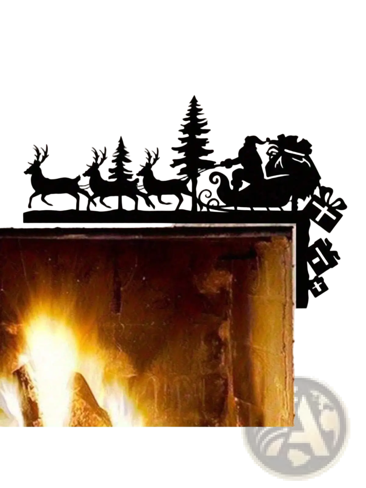 Black acrylic fireplace mantel decoration featuring santa in sleigh pulled by reindeer trees and gifts for christmas decor