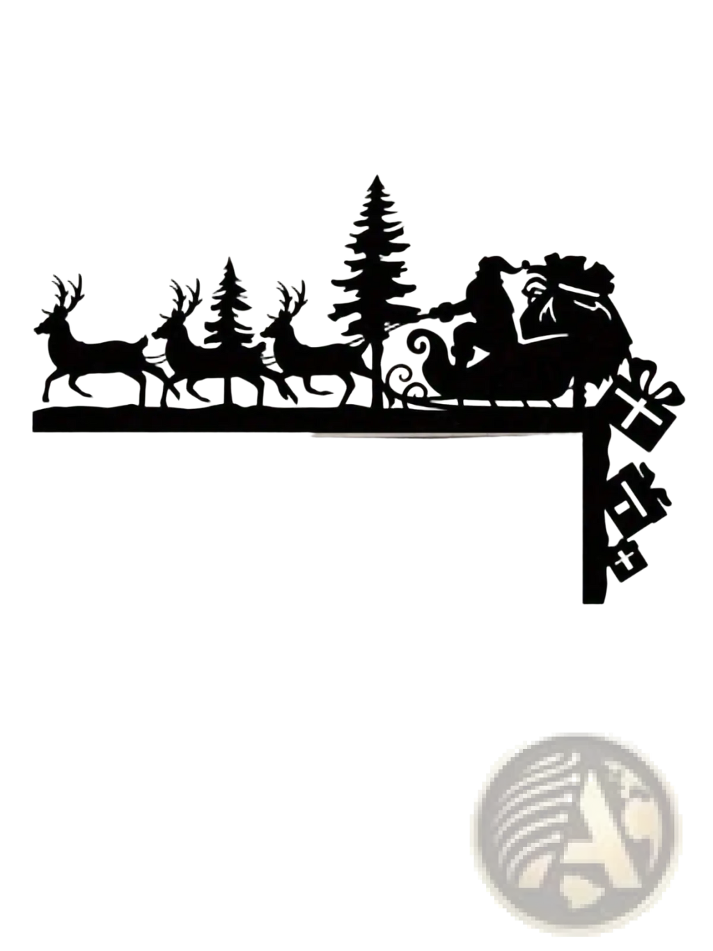 Black acrylic Santa sleigh wall art featuring reindeer trees and falling gifts Christmas mantel decoration