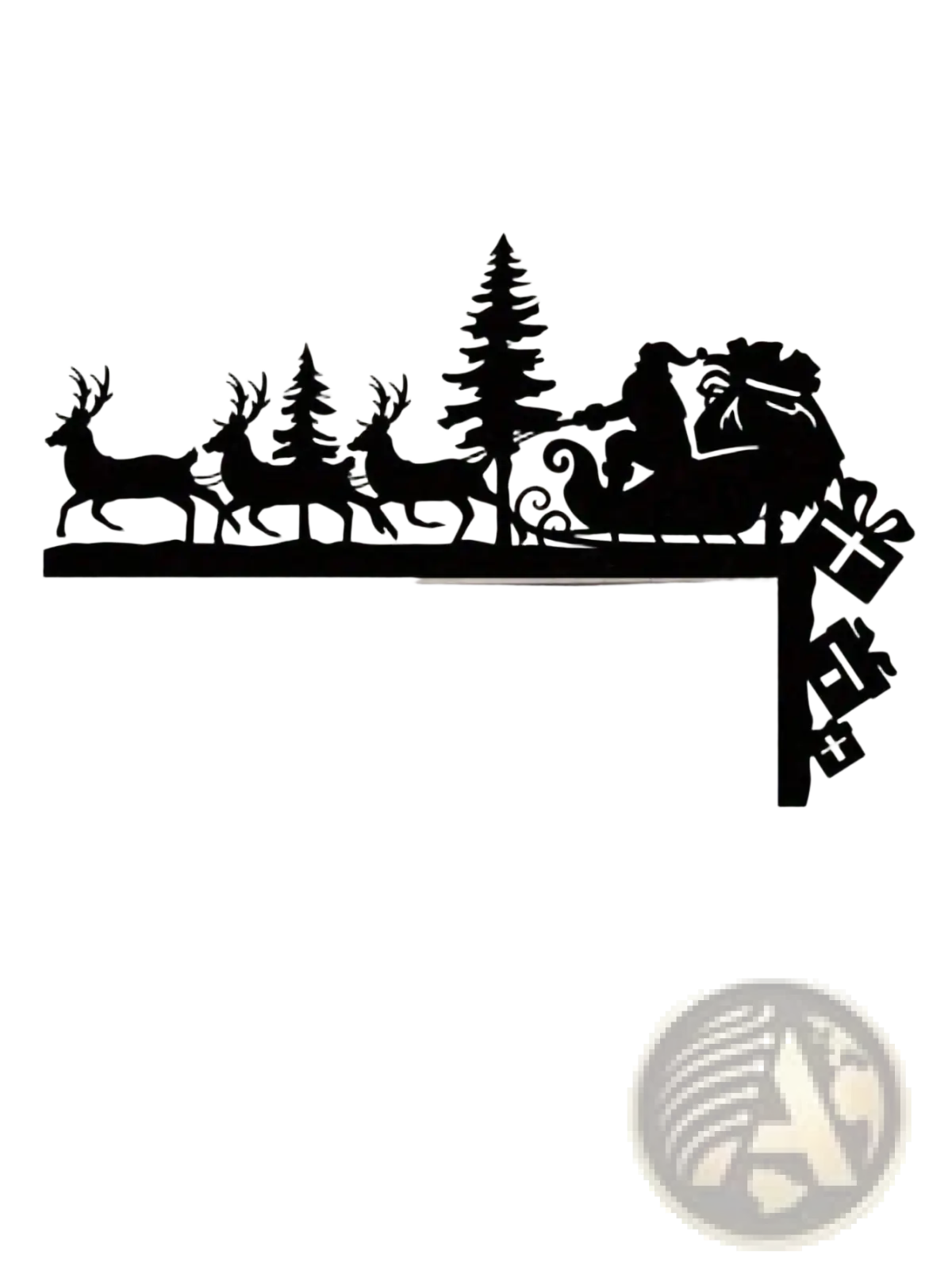 Black acrylic Santa sleigh wall art featuring reindeer trees and falling gifts Christmas mantel decoration
