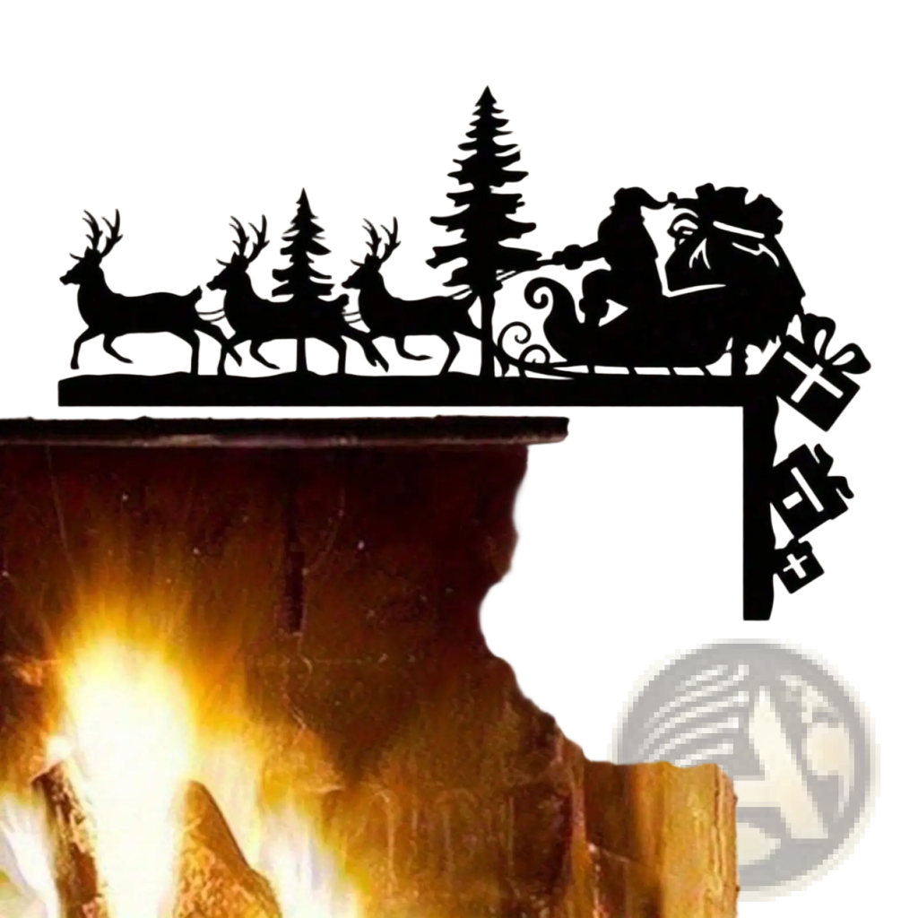Black 2d flat-printed acrylic fireplace mantel decoration with santa sleigh silhouette pine trees and gifts for christmas decor
