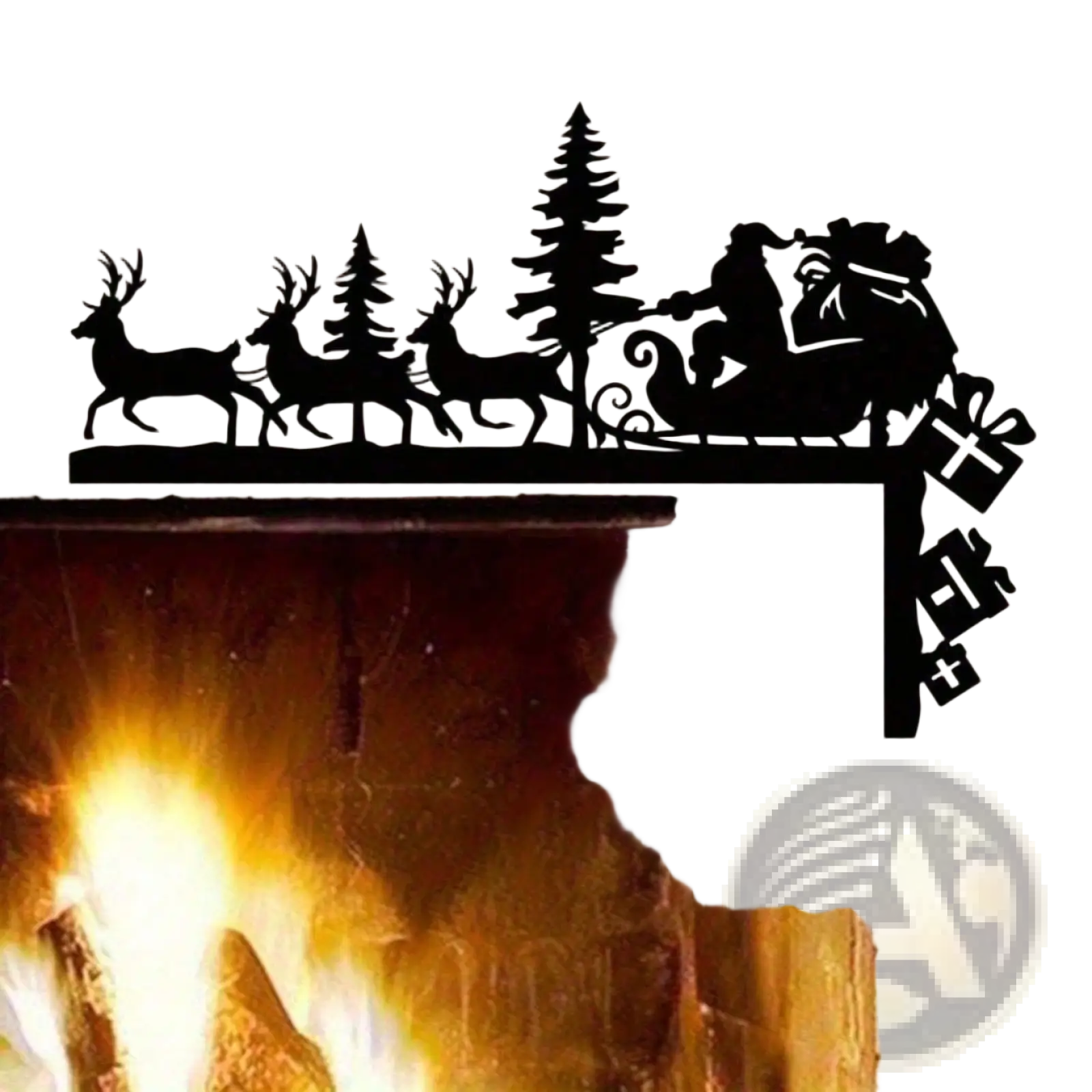 Black 2d flat-printed acrylic fireplace mantel decoration with santa sleigh silhouette pine trees and gifts for christmas decor