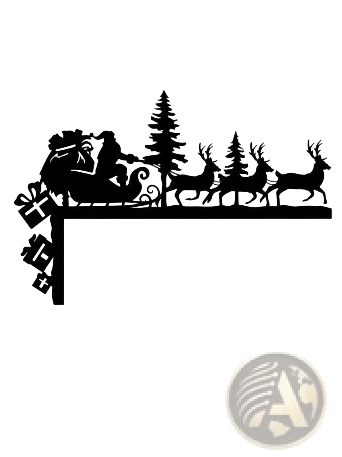 Black 2d flat printed acrylic wall decoration featuring santa in sleigh with reindeer pine trees and gift boxes for christmas decor