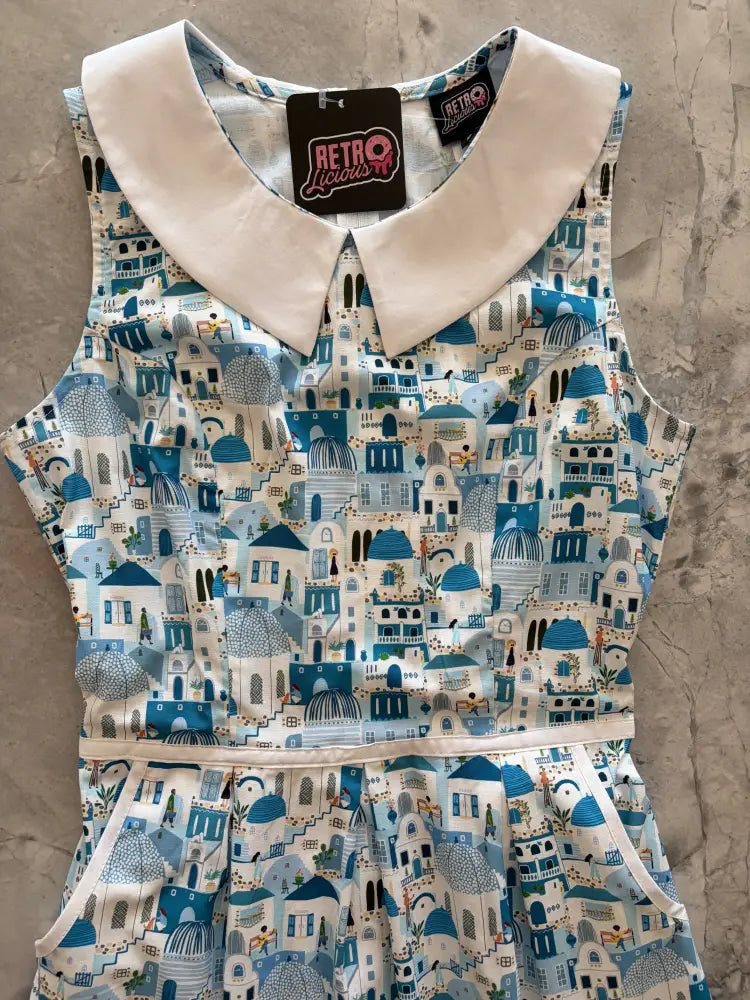 Santorini retro cotton sleeveless dress with peter pan collar and blue and white greek-style print with matching waistband