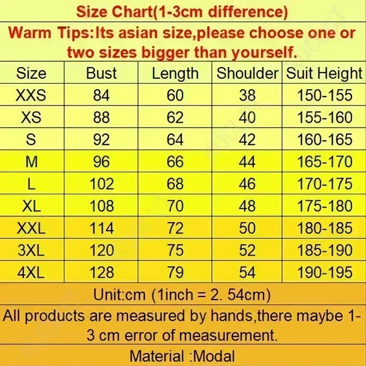 Yellow size chart for Sarcasm Services funny quote graphic t shirt in modal fabric listing measurements from XXS to 4XL