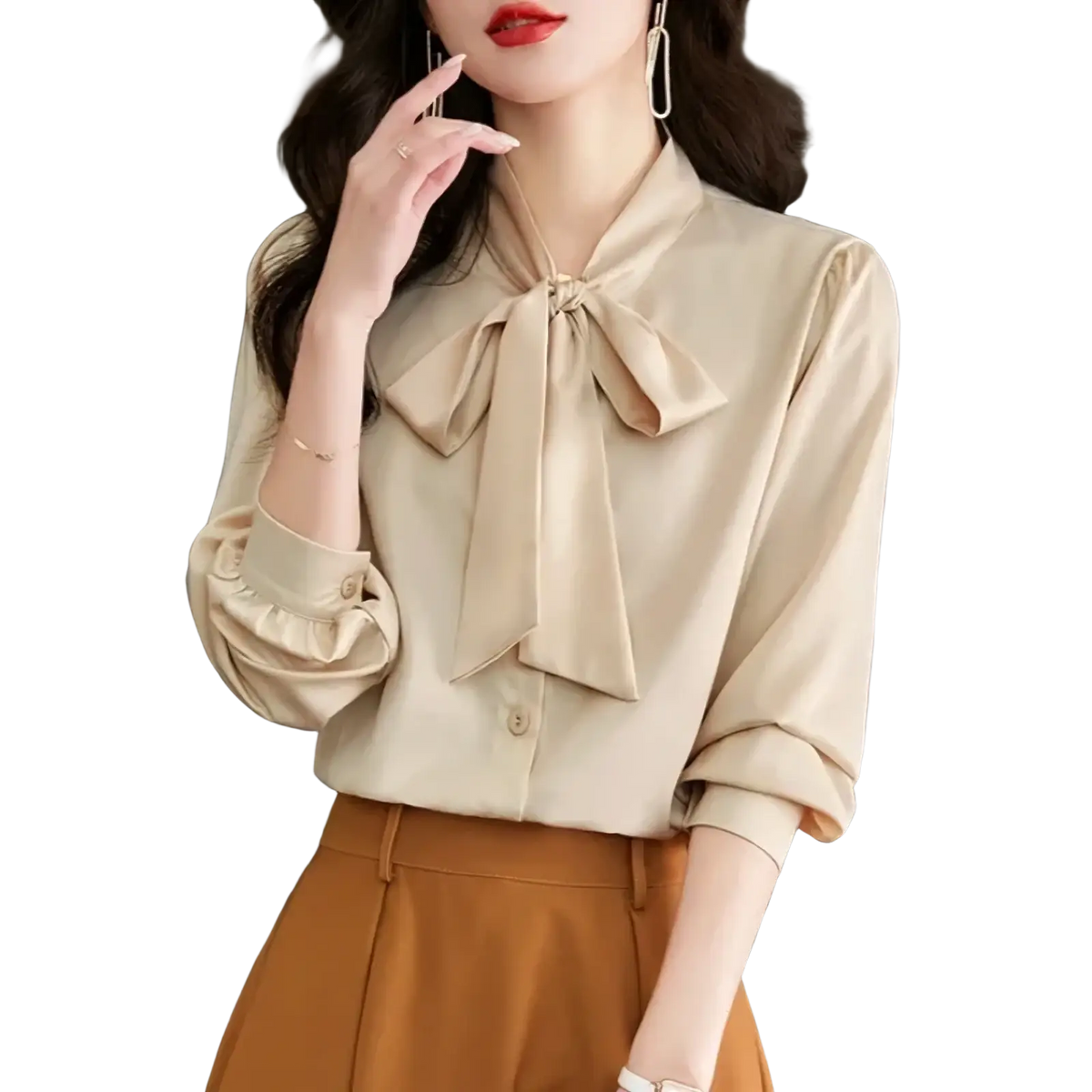 Beige satin bow tie blouse with prominent neckline bow and ruffled cuffs for formal workwear women shirt