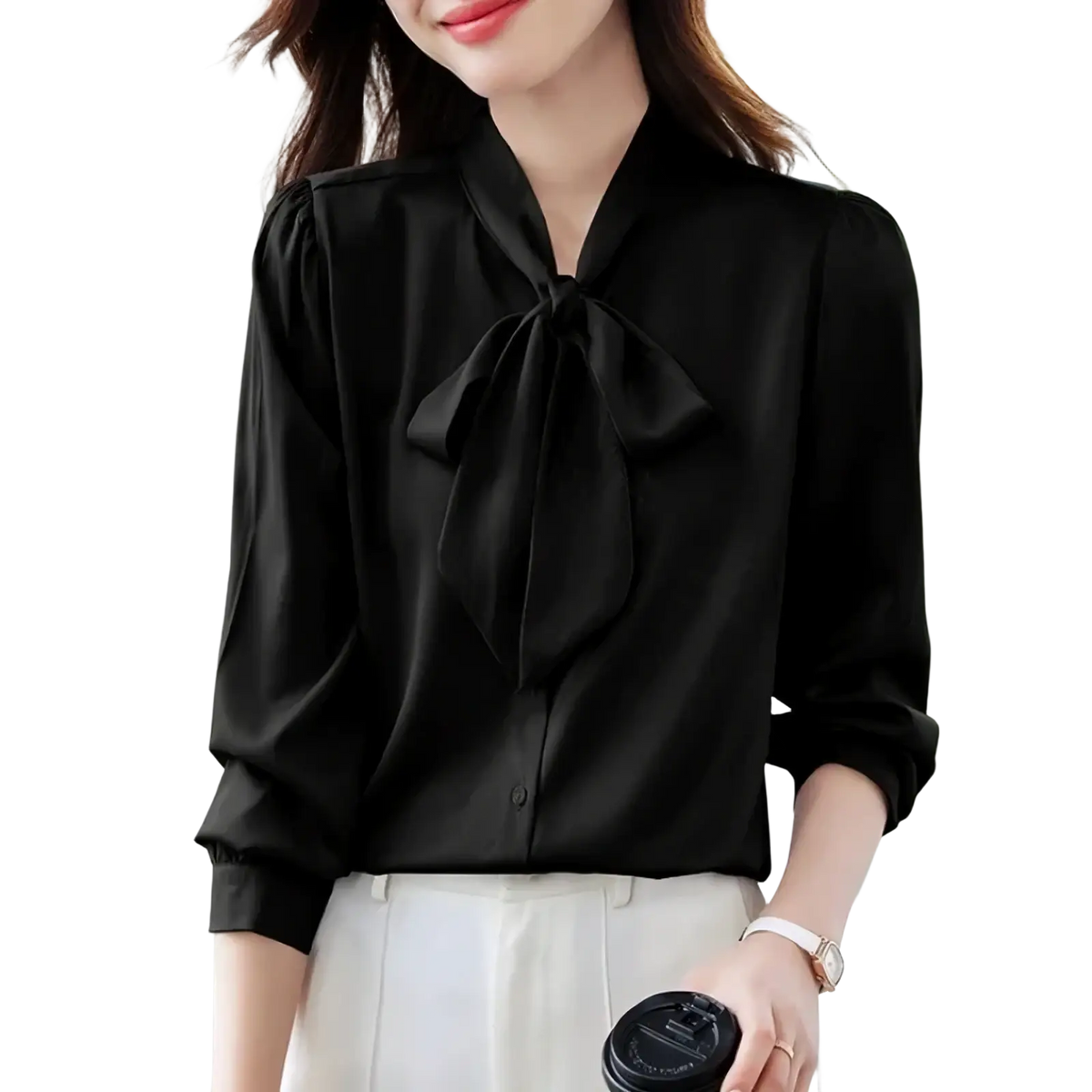Black satin bow tie blouse for women with puffed sleeves suitable for formal workwear