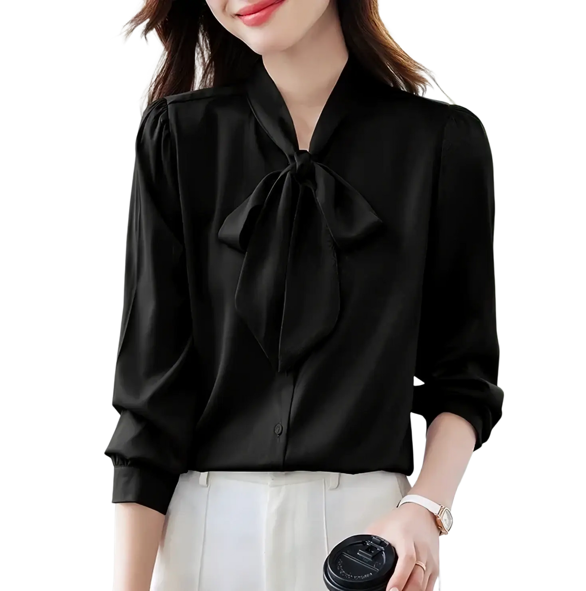 Black satin bow tie blouse with puffed sleeves for women formal work shirt in satin material