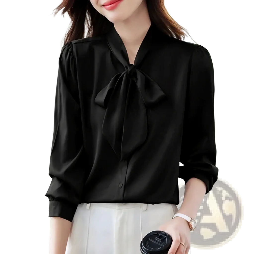 Black satin bow tie blouse for women with puffed sleeves suitable for formal workwear