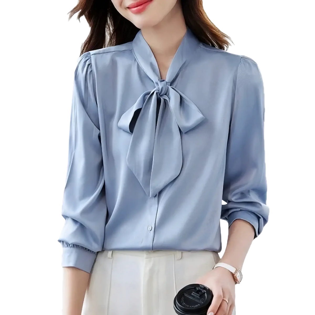 Light blue satin bow tie blouse for women with rolled-up sleeves designed as a formal work shirt