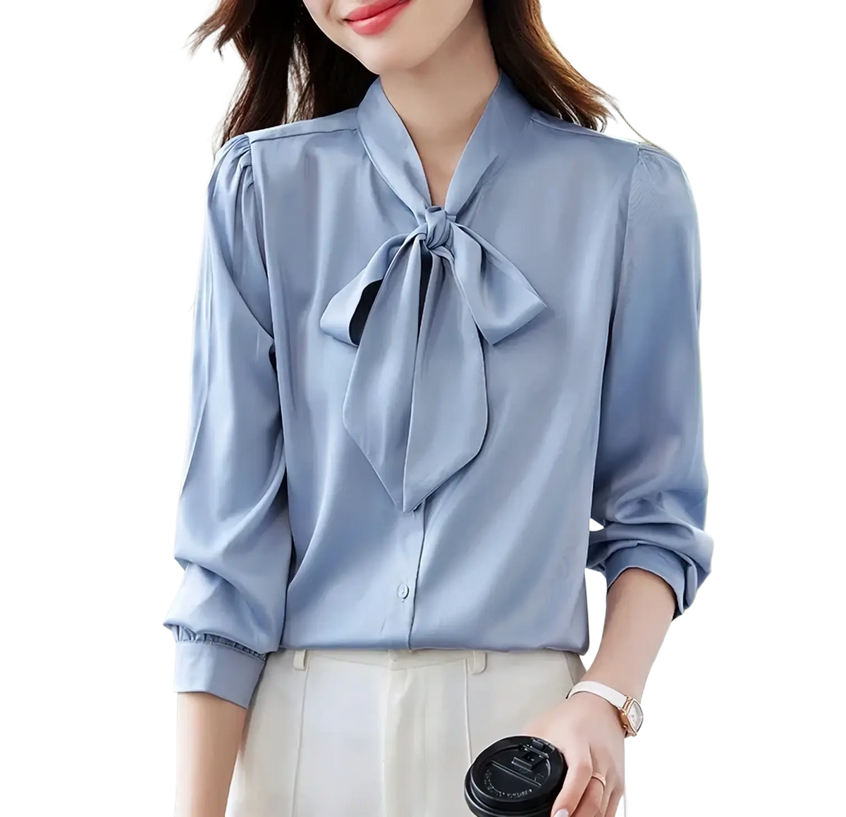 Light blue satin bow tie blouse for women with puffed sleeves designed as a formal work shirt