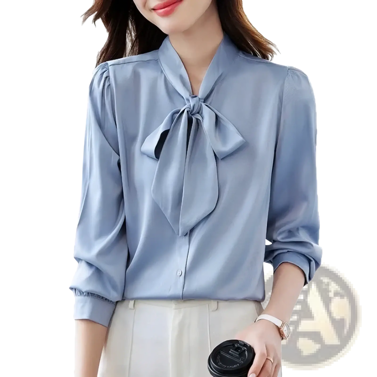 Light blue satin bow tie blouse for women with rolled-up sleeves designed as a formal work shirt