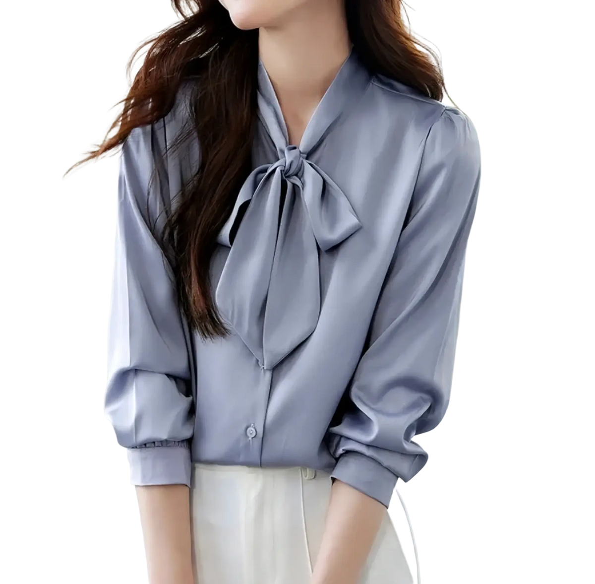 A soft lavender satin bow tie blouse for women featuring puffed sleeves, ideal for formal workwear
