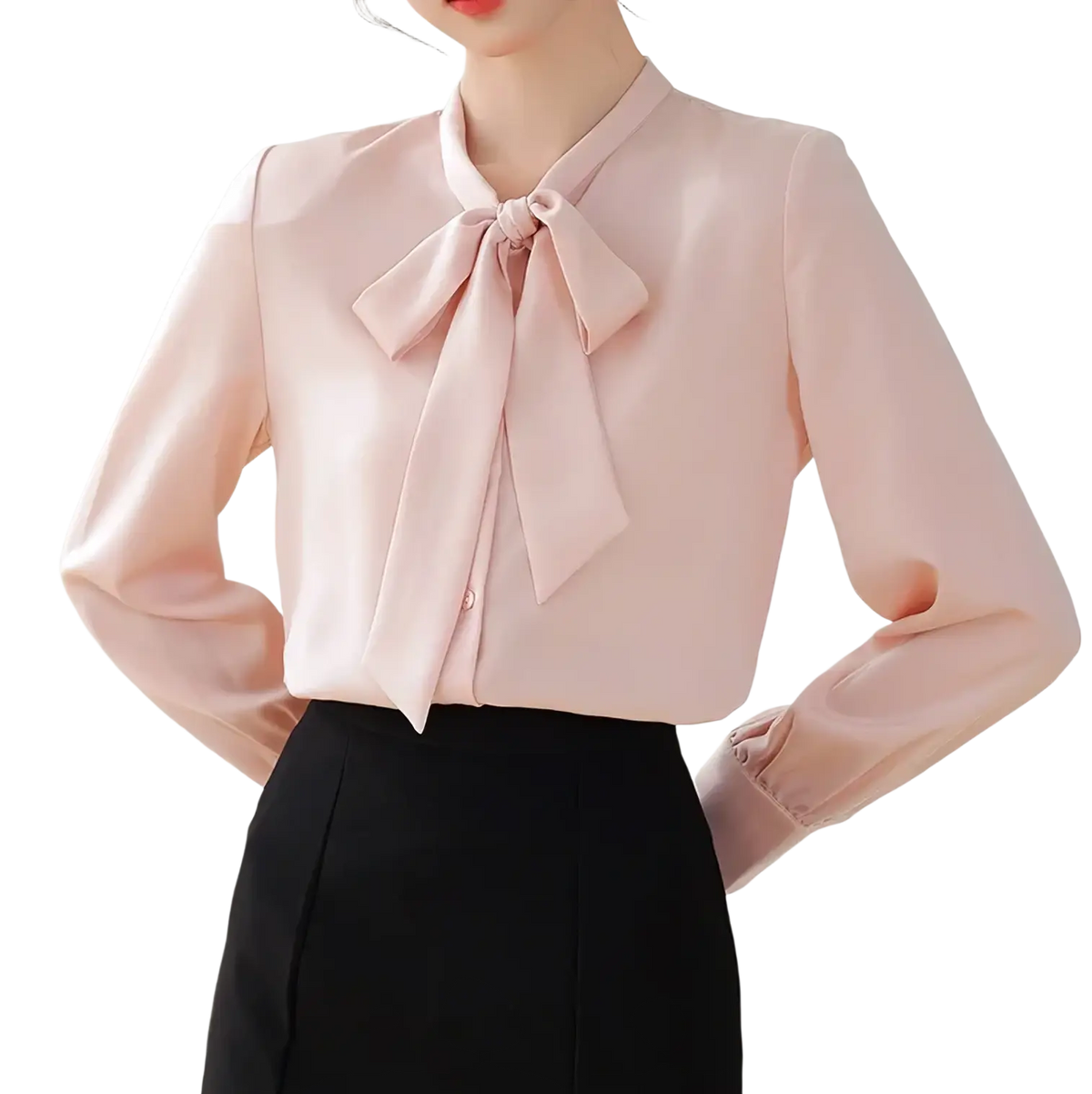 A soft pink satin bow tie blouse with long gathered cuffs perfect for women’s formal workwear