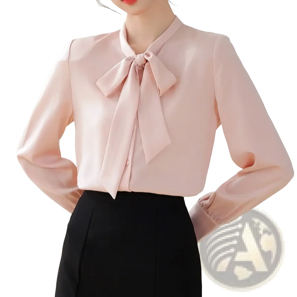 A soft pink satin bow tie blouse with long sleeves and a prominent bow at the neckline for formal workwear